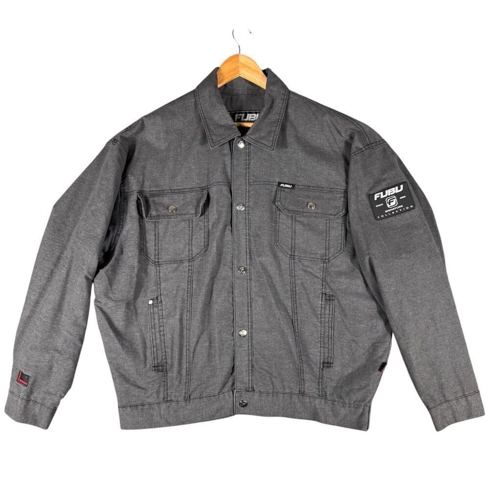 Vintage FUBU Sz L Trucker Jacket Lined Boxy Premium Oversized Shacket 90s Y2K